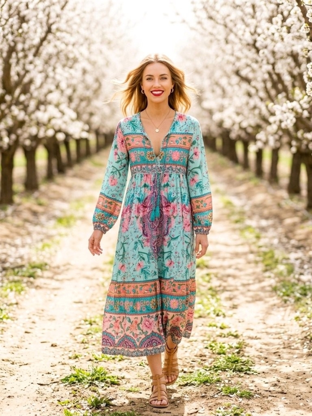 Boho V-Neck Midi Dress in Aqua Floral